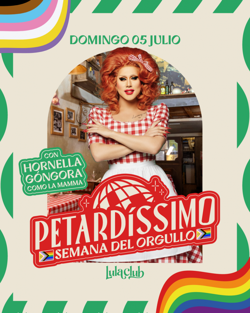 Cartel del evento Petardíssimo Semana del Orgullo Madrid 2026 en Lula Club del 2 al 5 de julio. Aparecen tres personas con camisas de cuadros rojos, una bola de discoteca y el anuncio de pizza gratis y limoncello.